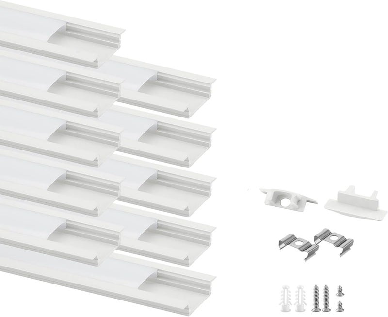 Besseto 10 Pack 6.6ft 2M Recessed Aluminum Channel, White LED Strip Light Diffuser Aluminum Channel Profile Housing Track for 12mm Width LED Strip Light - Image 1